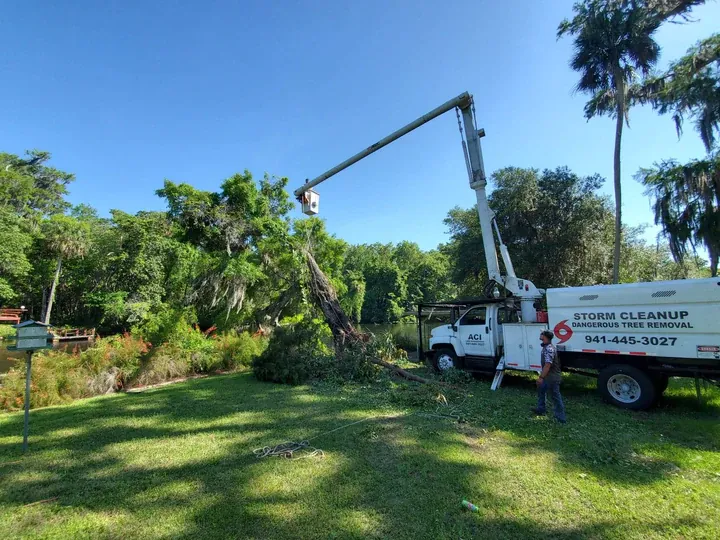ACI bucket truck with the boom extended over a storm damaged tree beside a pond